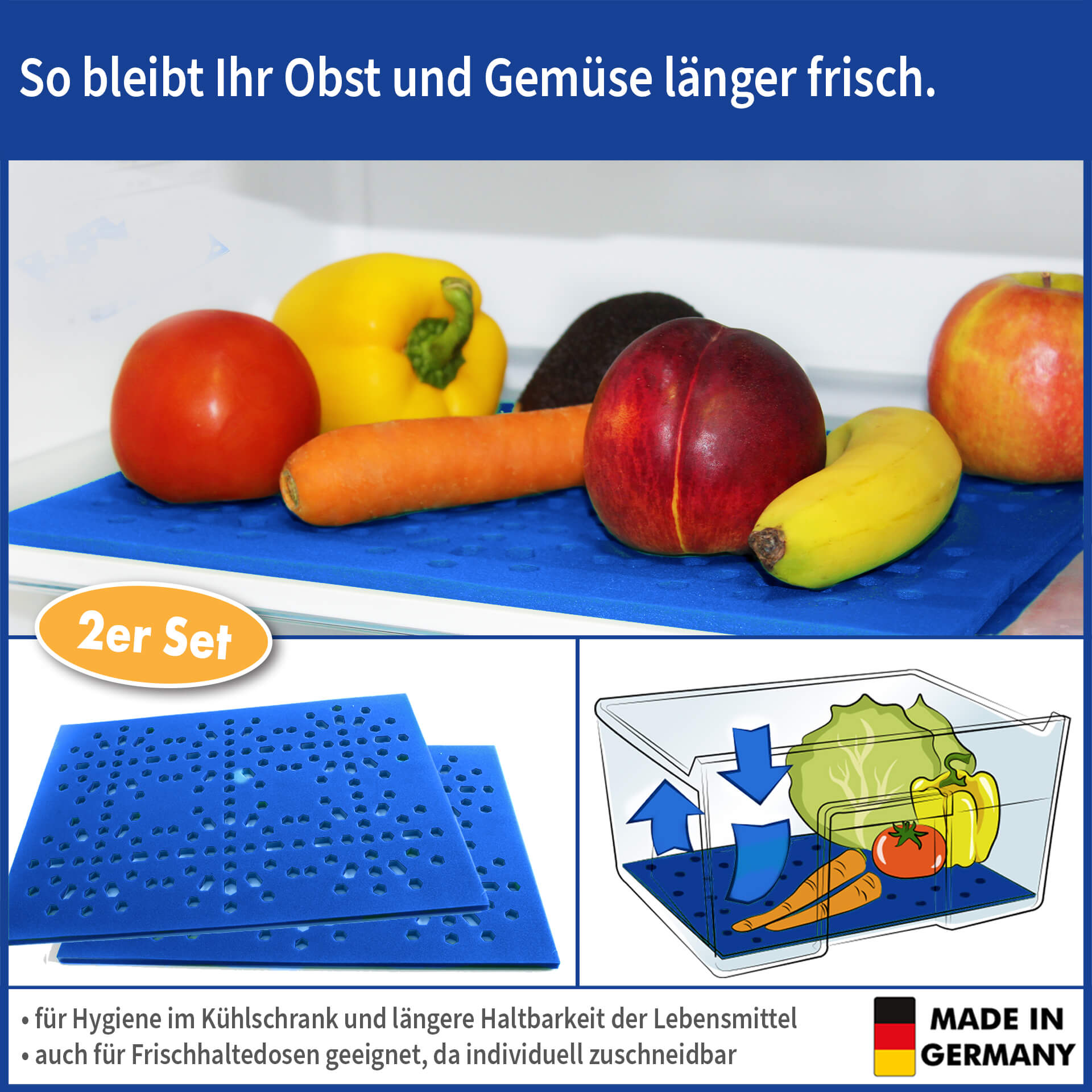 Kühlschrank-Unterlage für Obst und Gemüse je 30 x 24 cm, blau, 2er
