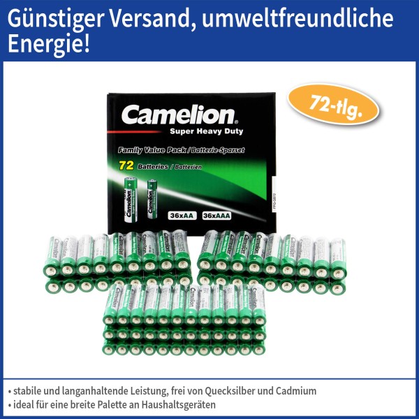 Camelion Batterie Zink-Kohle Haushaltssparset 72er im flachen Farbkarton