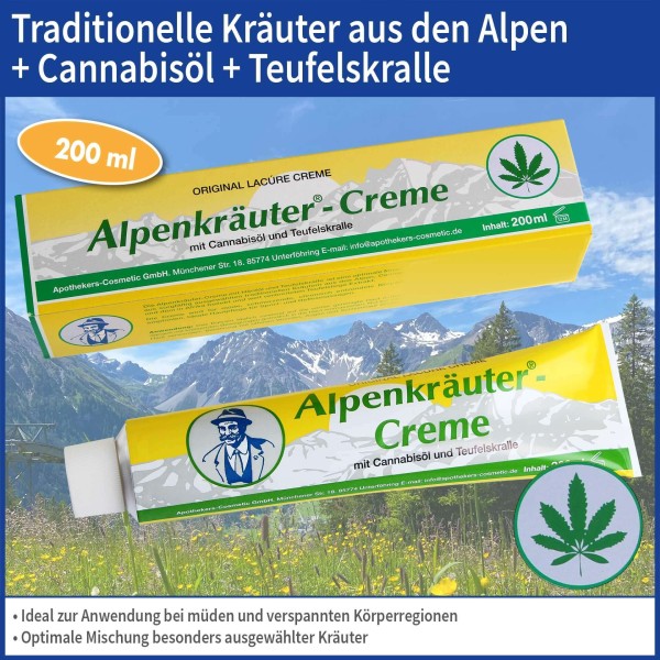Alpenkräuter Creme mit Cannabisöl und Teufelskralle, 200 ml