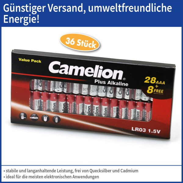 Camelion Batterie Alkaline AAA / LR03 / AM4 / Microzelle 28er + 8 Gratis im flachen Farbkarton