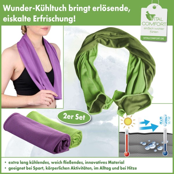 Vital Comfort Kühltuch, grün und lila, 100 x 30 cm, 2er