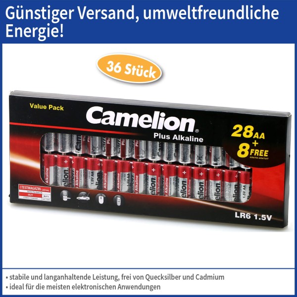 Camelion Batterie Alkaline AA / LR06 / AM3 / Mignonzelle 28er + 8 Gratis im flachen Farbkarton