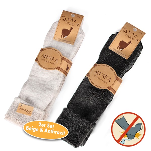 Alpaka Wollsocken extra flauschig, Anti-Rutsch Socken, 2 Paar, beige und anthrazit